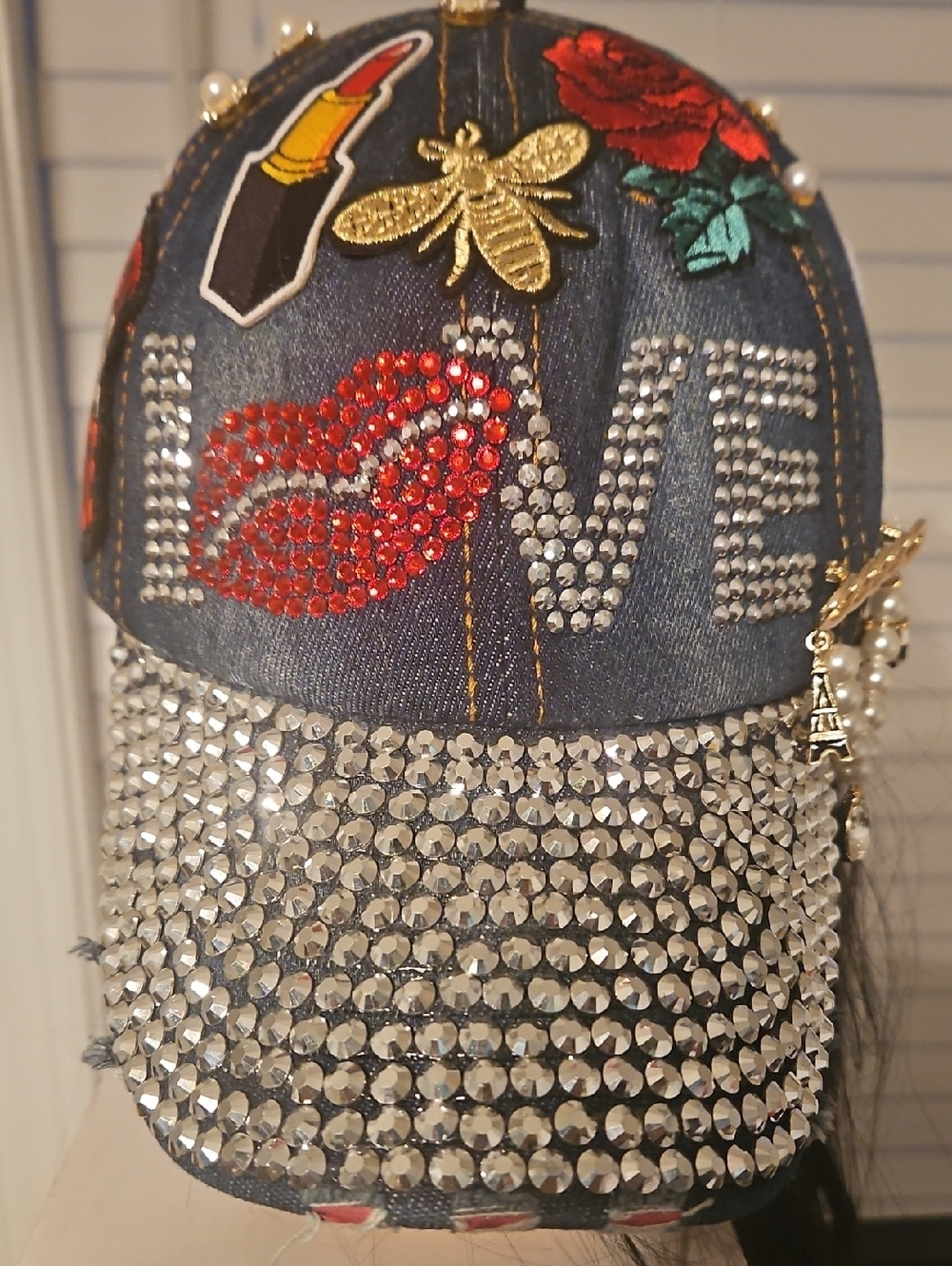 Embellished Denim Baseball Cap with 'LOVE' Crystal Design - Blue